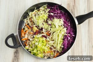 Picture of a skillet with added cabbage, carrots and green onions.
