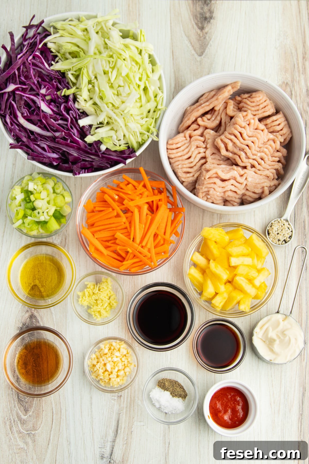Picture of all ingredients in individual bowls.