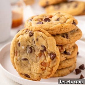 Plated salted caramel chocolate chip cookies.