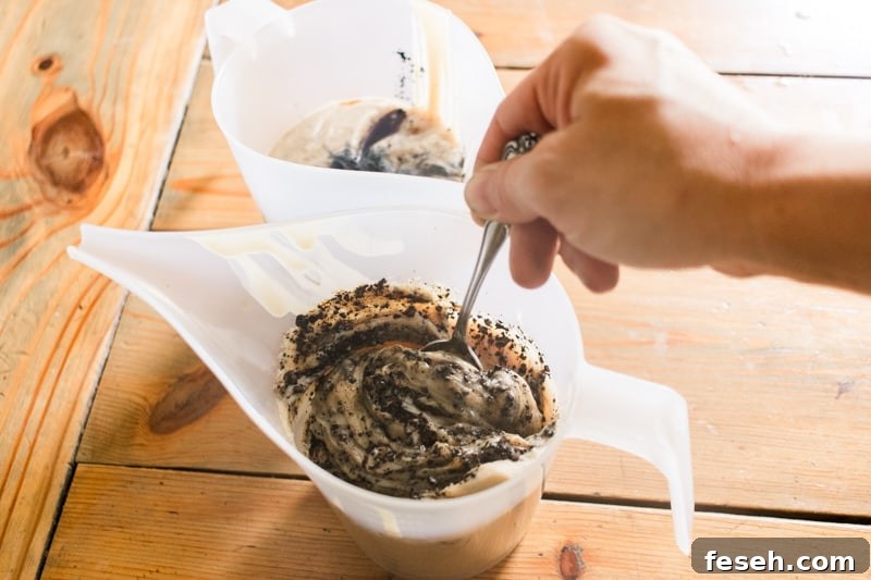 Stirring in the coffee grounds into the melted soap bar ingredients.