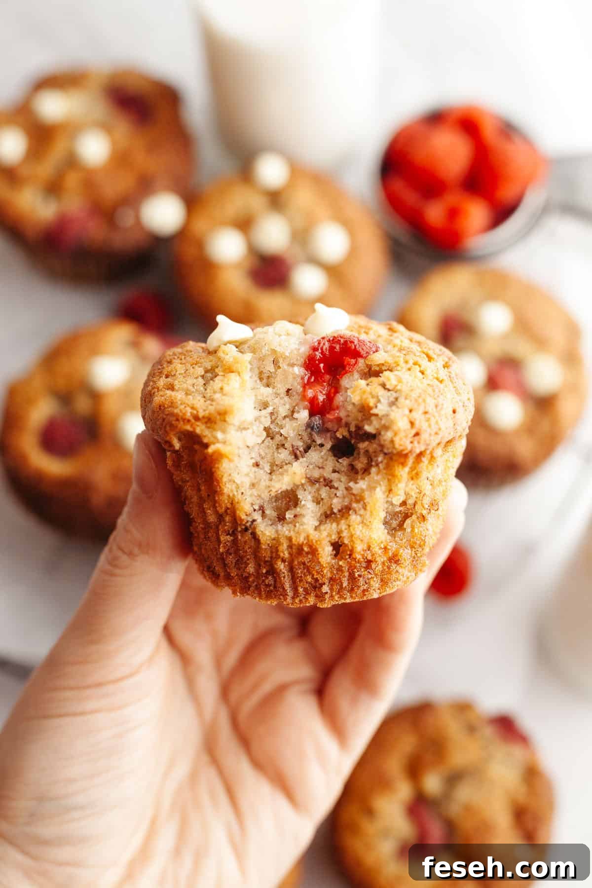 A hand holding a raspberry banana muffin with white chocolate chips, it has a bite taken out of it.