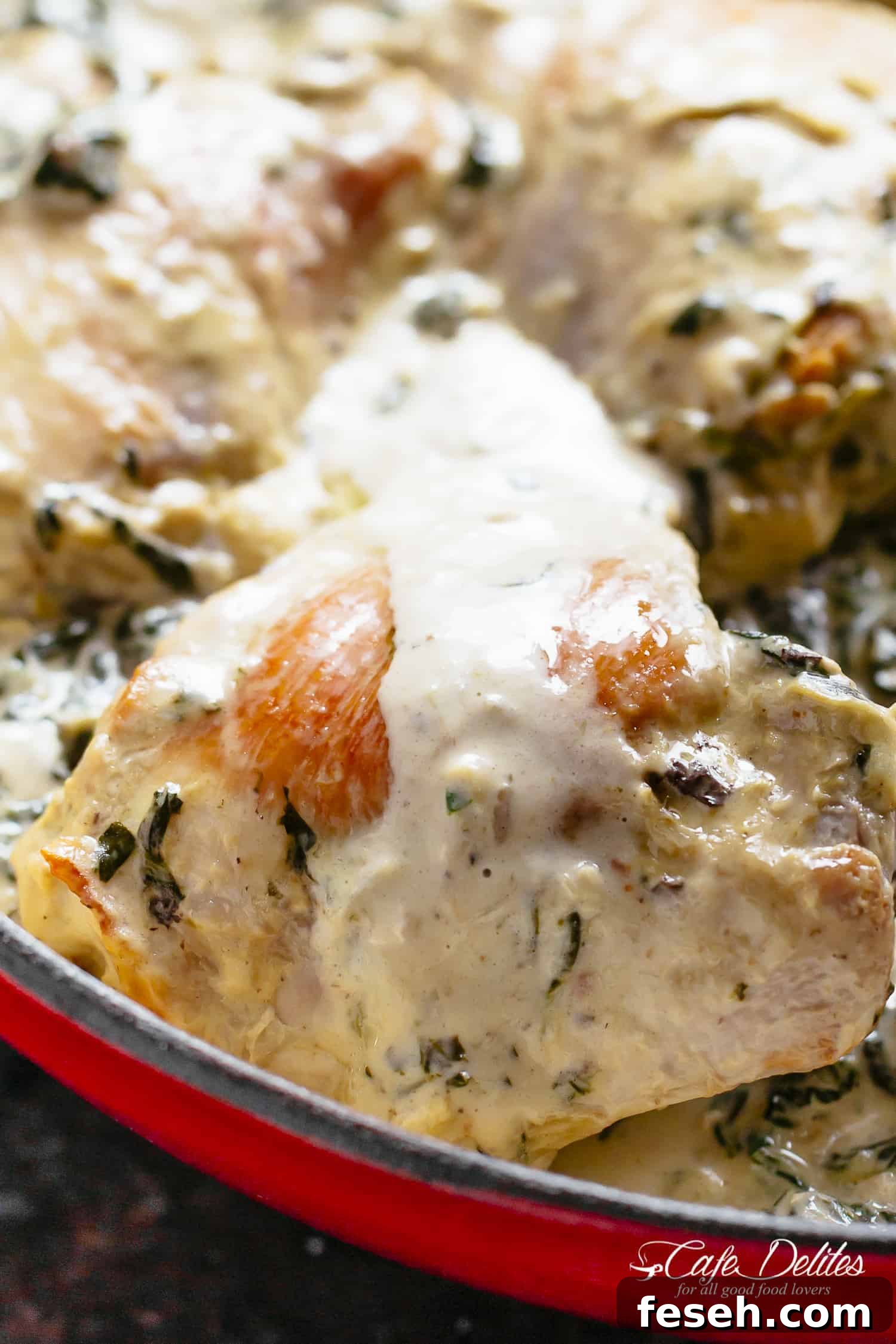 Creamy Spinach Artichoke Chicken Thighs in one skillet