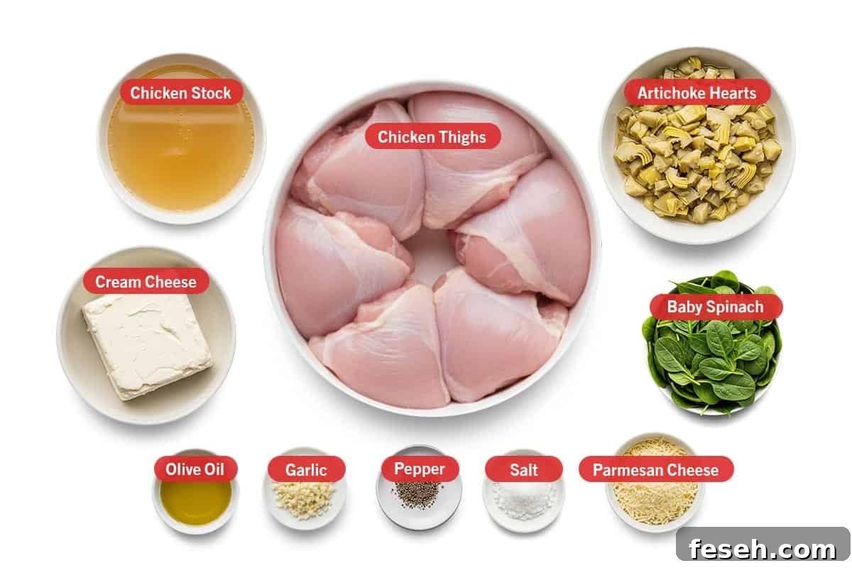 Ingredients: chicken stock, cream cheese, olive oil, garlic, pepper, salt, parmesan, chicken thighs, artichoke hearts, baby spinach