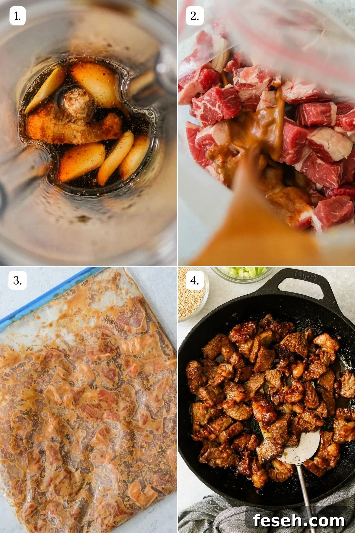 Step-by-step collage: blending bulgogi marinade, cubing sirloin, marinating beef, and searing steak bites in a hot cast-iron skillet.