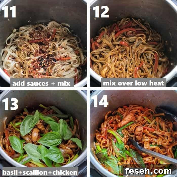 tossing rice noodles in sauces in the instant pot with basil & scallions