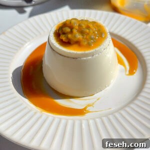 Creamy smooth Panna Cotta with a passion fruit caramel topping.