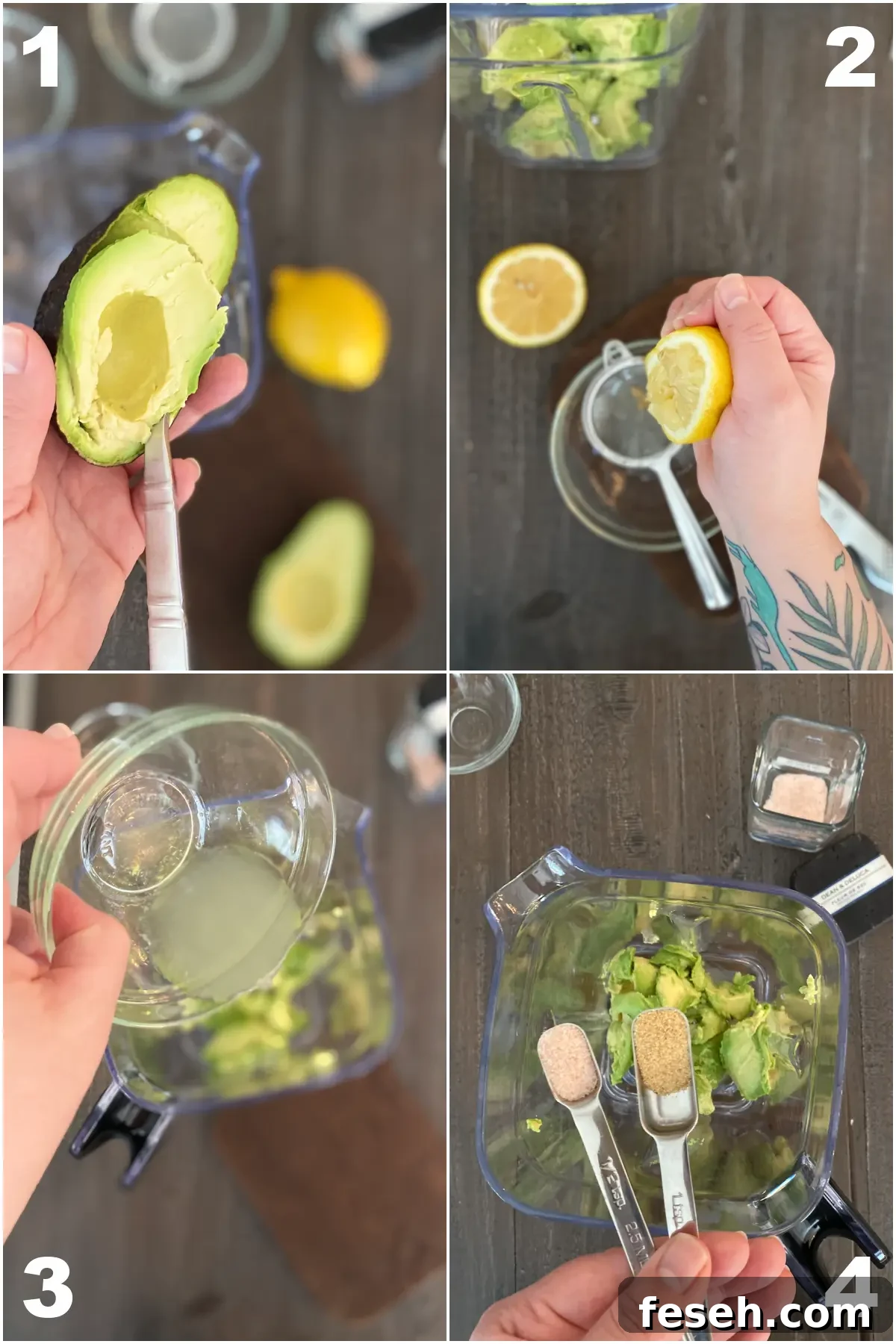 a photo collage showing how to make easy avocado sauce: peel and remove pit from avocado, squeeze lemon juice, add to blender with spices