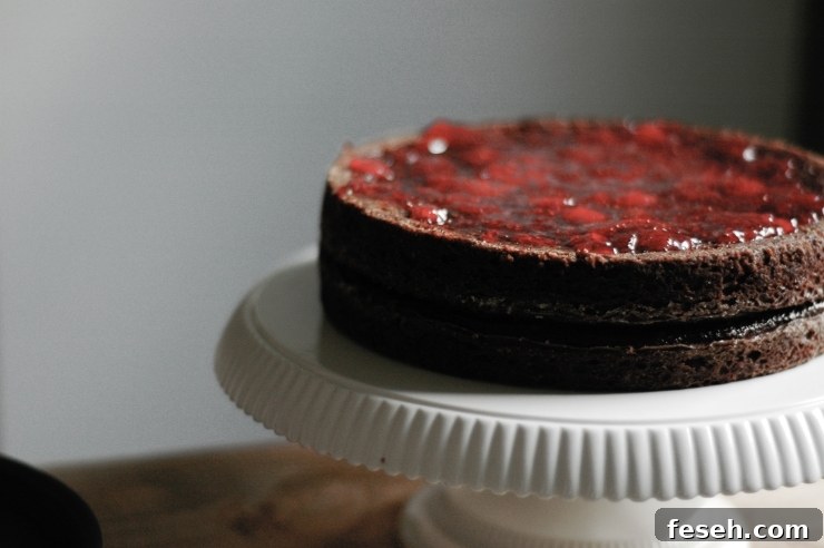 A moist and delicious strawberry and chocolate cake recipe with a decadent chocolate frosting. This chocolate layer cake is perfect for all celebrations! | sophisticatedgourmet.com