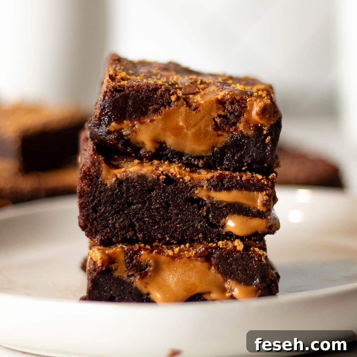 Stack of Biscoff brownies on a white plate showcasing the dense texture and caramel layers, ideal for a Biscoff brownies recipe blog post.