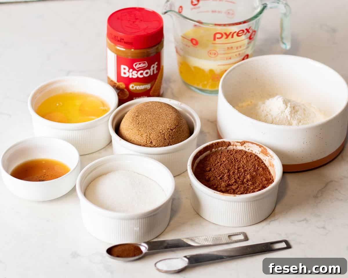 Ingredients for Biscoff brownies neatly arranged, including Biscoff spread, brown sugar, and flour, ready for a baking tutorial.