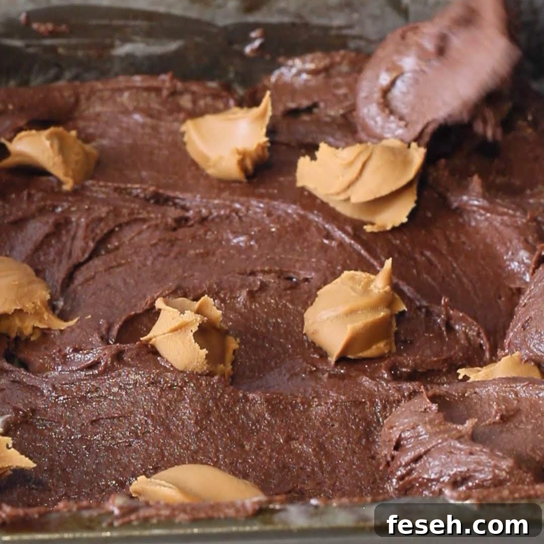 Step-by-step preparation of biscoff brownies, showing dollops of creamy biscoff spread on top of smooth brownie batter in a glass baking dish.