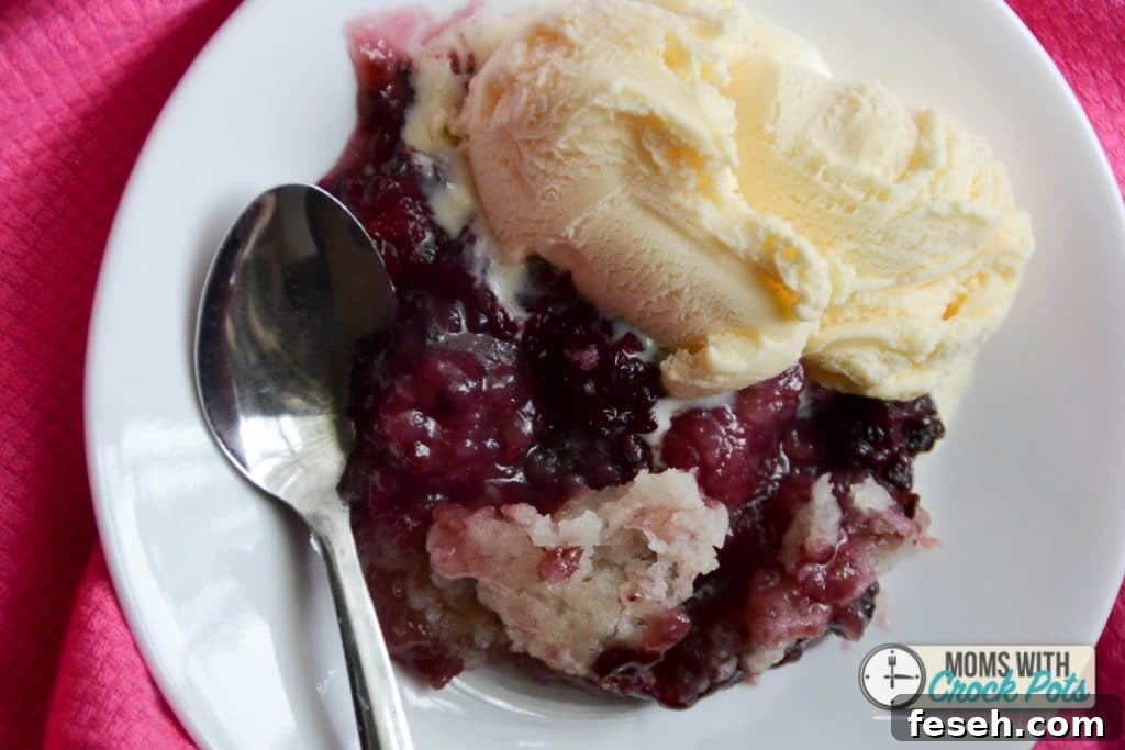 A summer dessert favorite! You can't go wrong with this simple Crockpot Blackberry Cobbler Recipe! So easy and comes out amazing! Plus gluten free & dairy free variations.