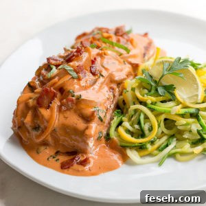 Salmon with vodka cream sauce and bacon