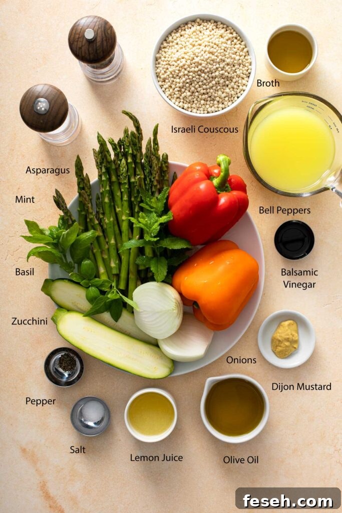 Ingredients to make pearl couscous salad and lemon vinaigrette