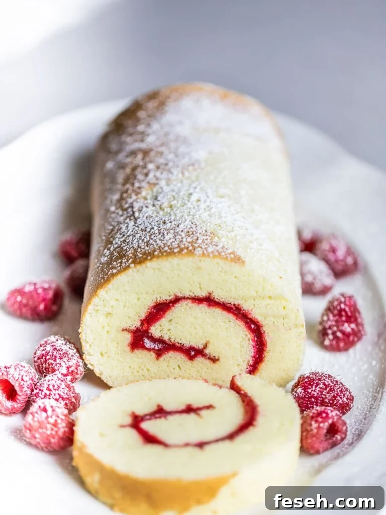 swiss roll cake with raspberries on white plate