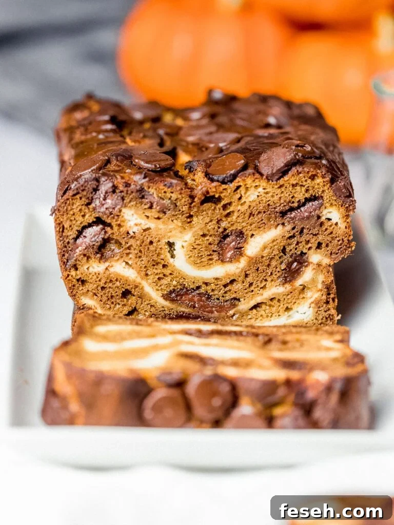 pumpkin chocolate chip bread with cream cheese swirls