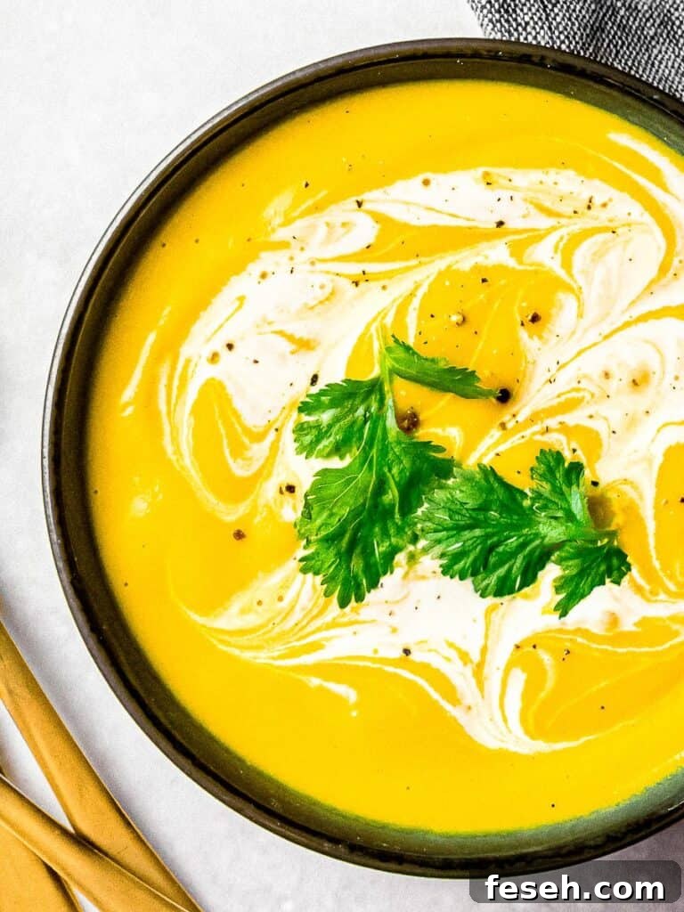 roasted kabocha squash soup, vegan pumpkin soup in a black bowl with cream and herb garnish
