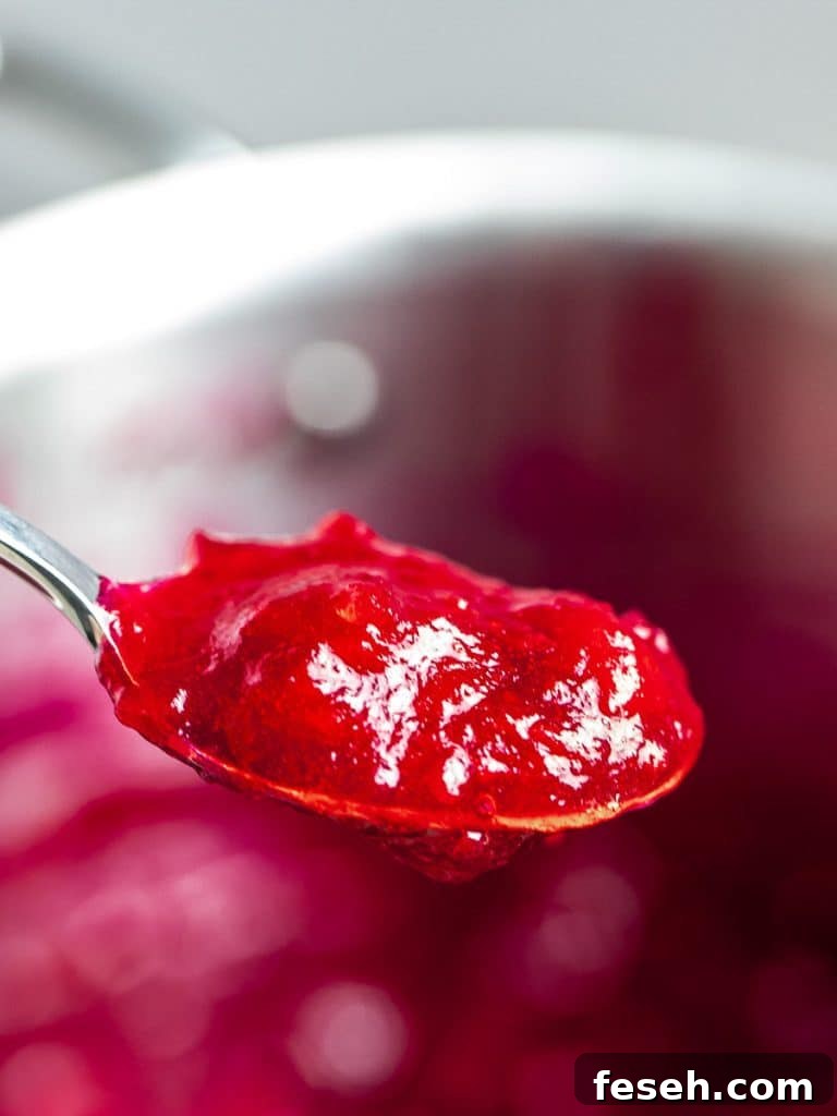 homemade cranberry sauce with maple syrup on a spoon
