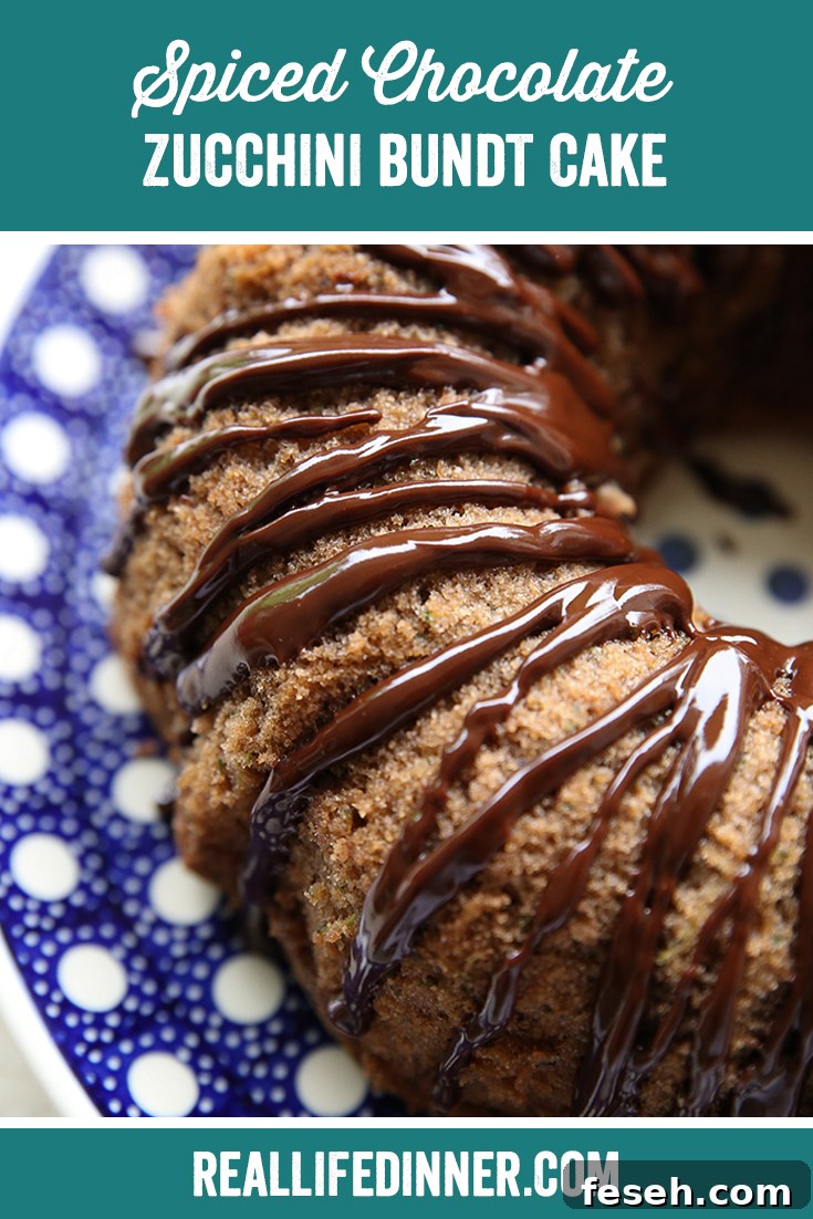 Pinterest picture with the text "Spiced Chocolate Zucchini Bundt Cake" at the top.