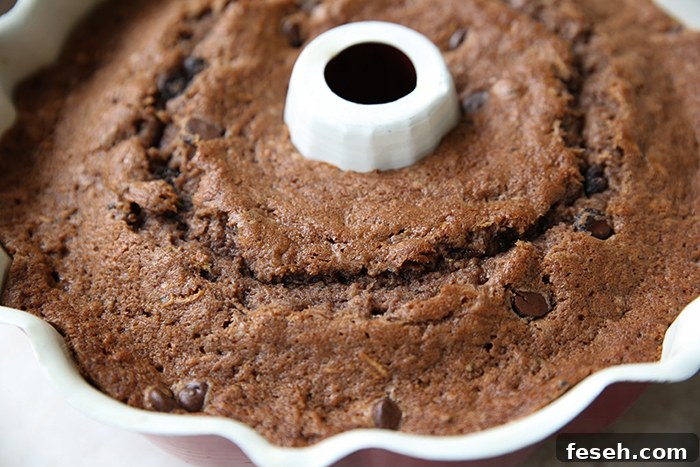 A bundt pan with spiced chocolate zucchini cake in it.