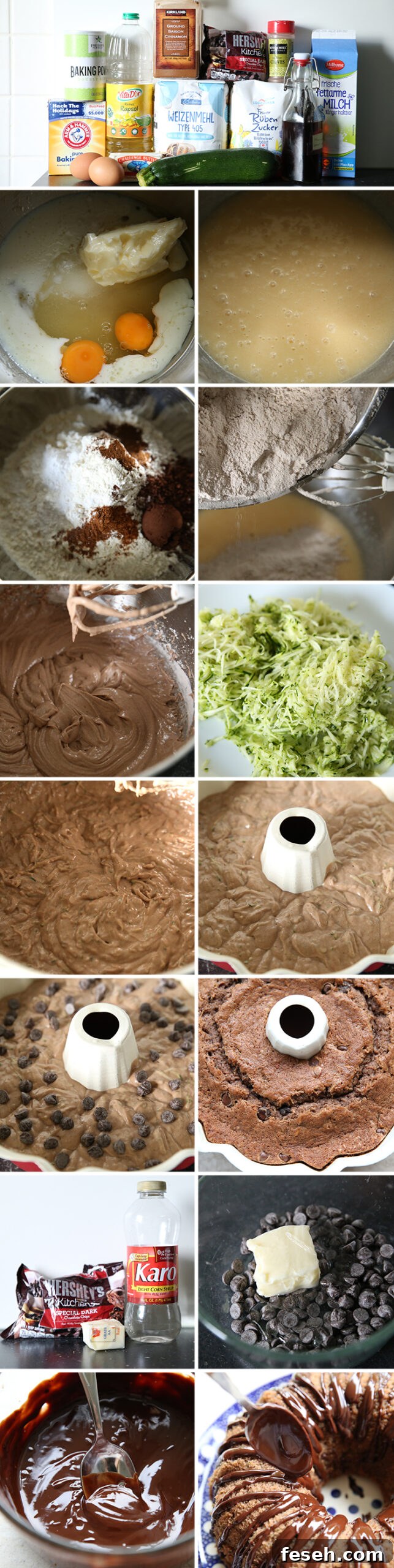 15-photo picture collage of step-by-step photos of how to make spiced chocolate zucchini bundt cake.