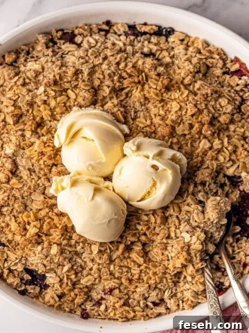 Berry crisp topped with vanilla ice cream.
