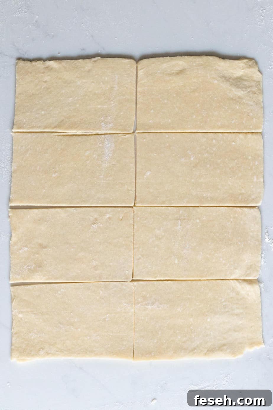 pie dough rectangle cut into 8 smaller rectangles