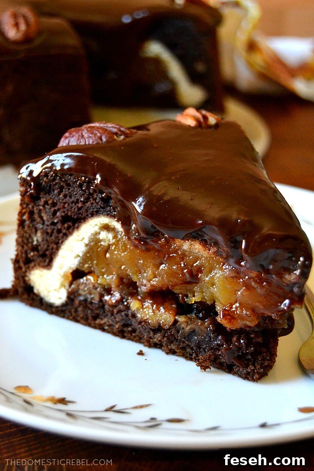Closeup slice of chocolate pecan piecaken on a white and gold plate