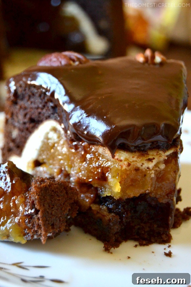 Closeup of chocolate pecan piecaken with a bite missing