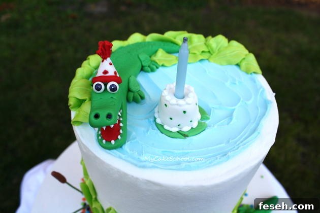 Alligator Swamp Party Cake! Learn to model CUTE alligators in this free cake decorating tutorial by MyCakeSchool.com!