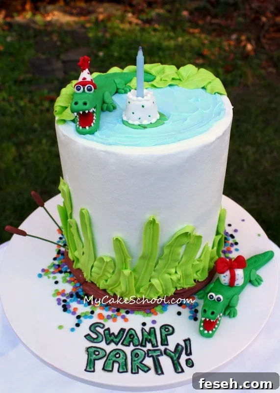Alligator Swamp Party Cake! Learn to model CUTE alligators in this free cake decorating tutorial by MyCakeSchool.com!