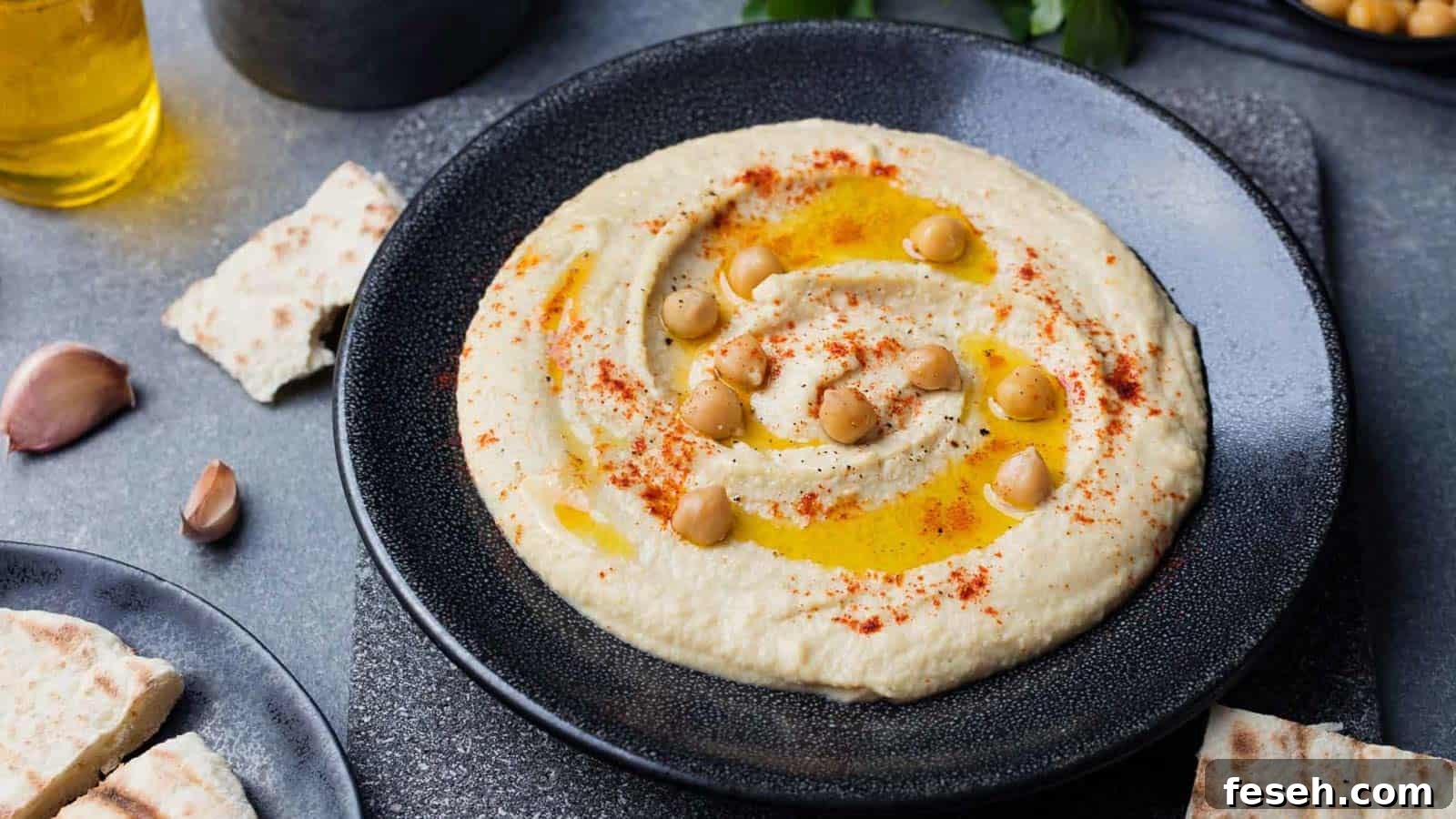 Hummus in a black bowl garnished with whole chickpeas, olive oil, and paprika.