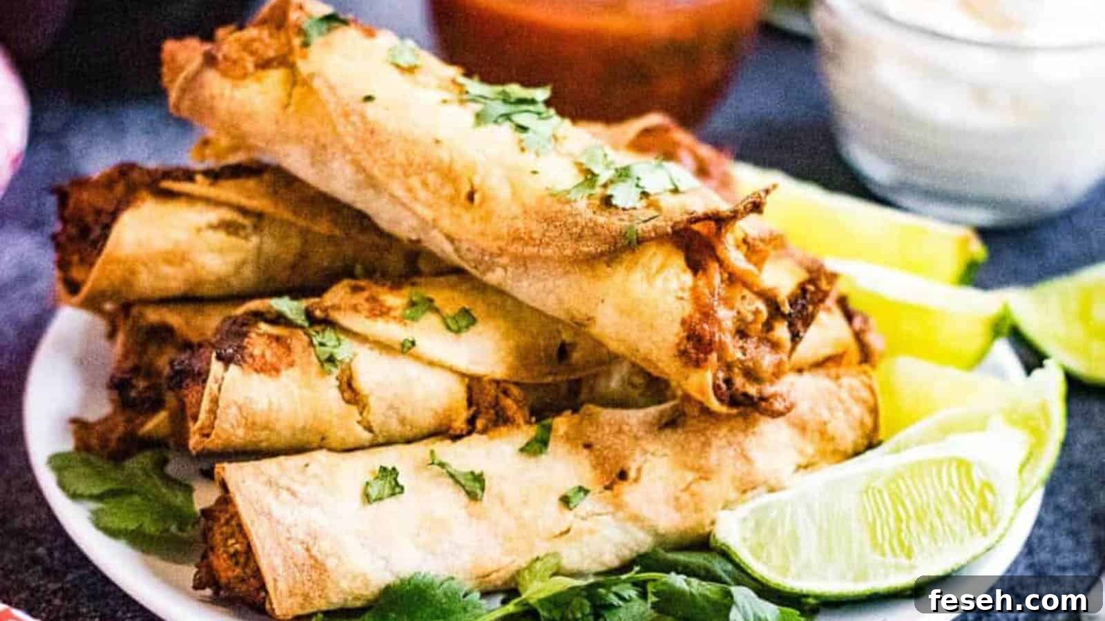 Stacked taquitos on a plate.