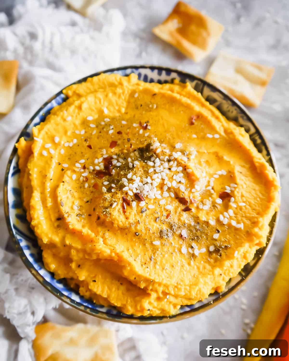 Aerial view of Carrot hummus.