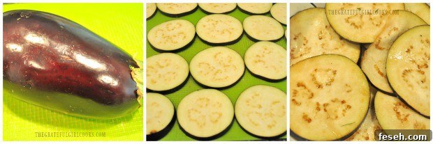 Salted eggplant slices draining before cooking