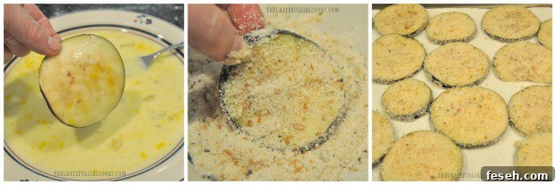 Eggplant slices dipped in egg and breadcrumbs