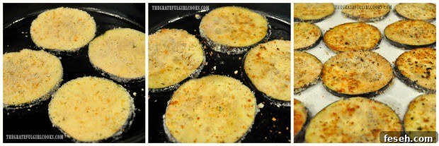 Eggplant slices being browned in a skillet