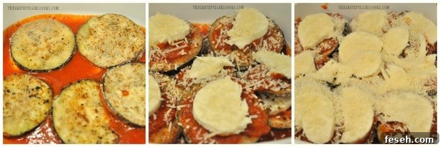 Assembled eggplant parmesan layers with sauce and cheese