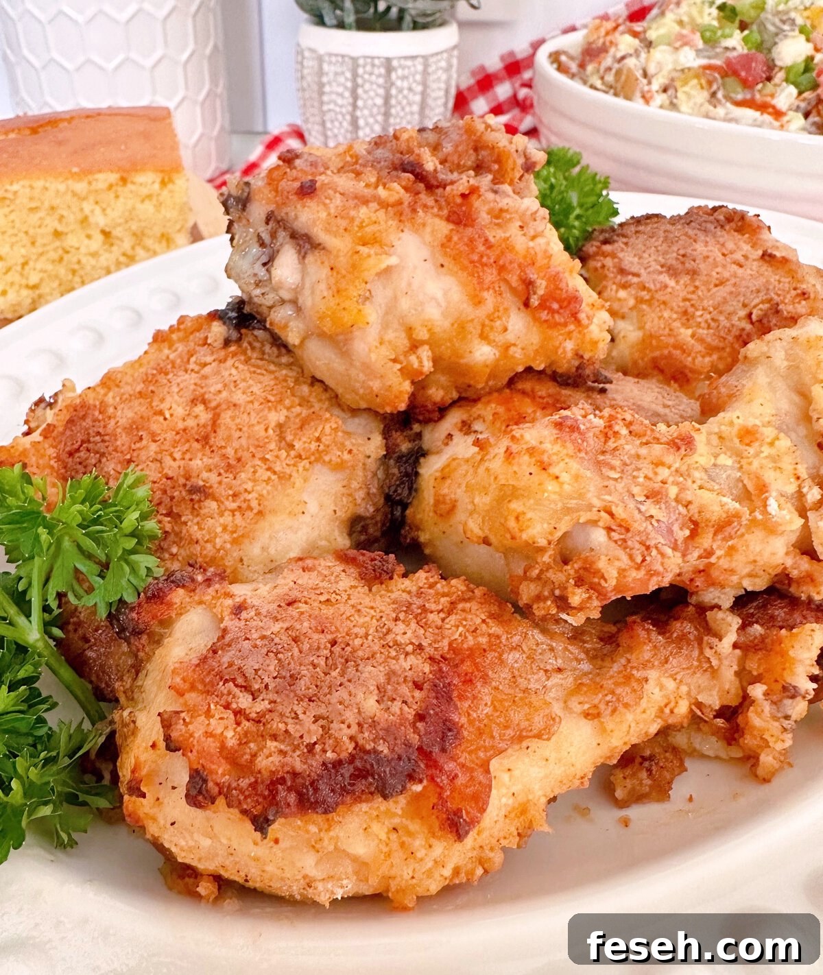 Oven Fried Chicken piled on a white serving platter .