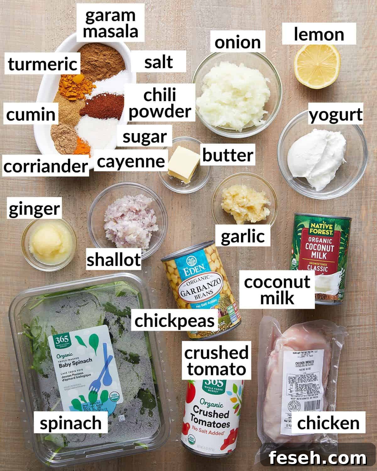 Overhead image of ingredients needed for healthy chicken tikka masala. 