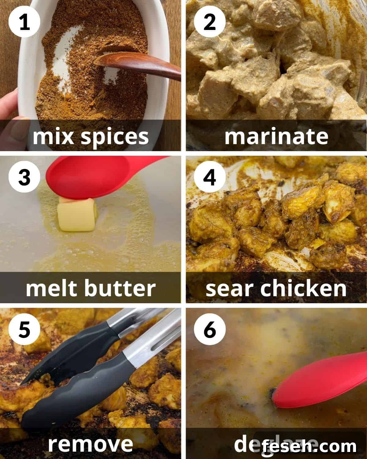 A 6 photo collage showing the beginning assembly of healthy chicken tikka masala.