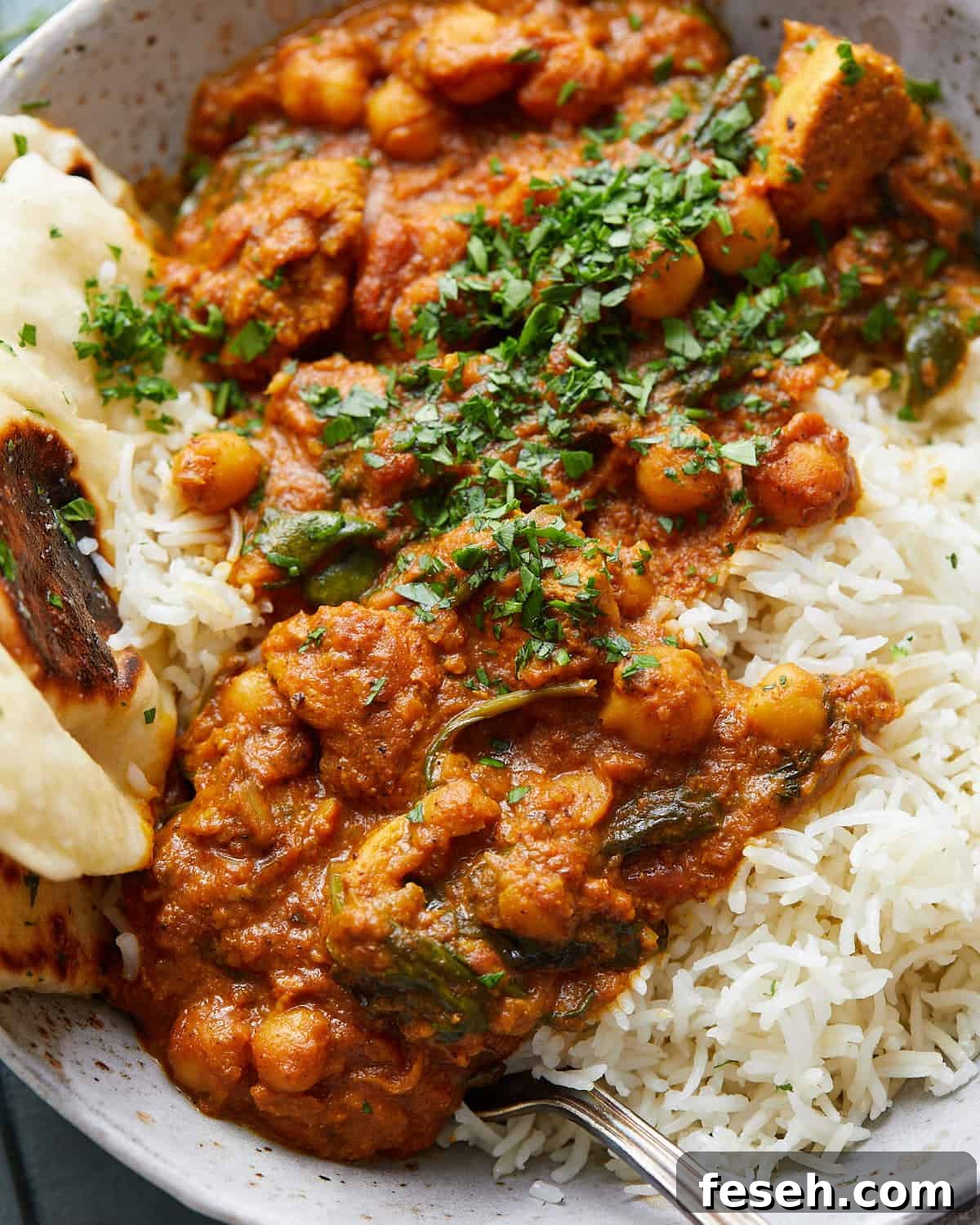 Up close image of healthy chicken tikka masala. 