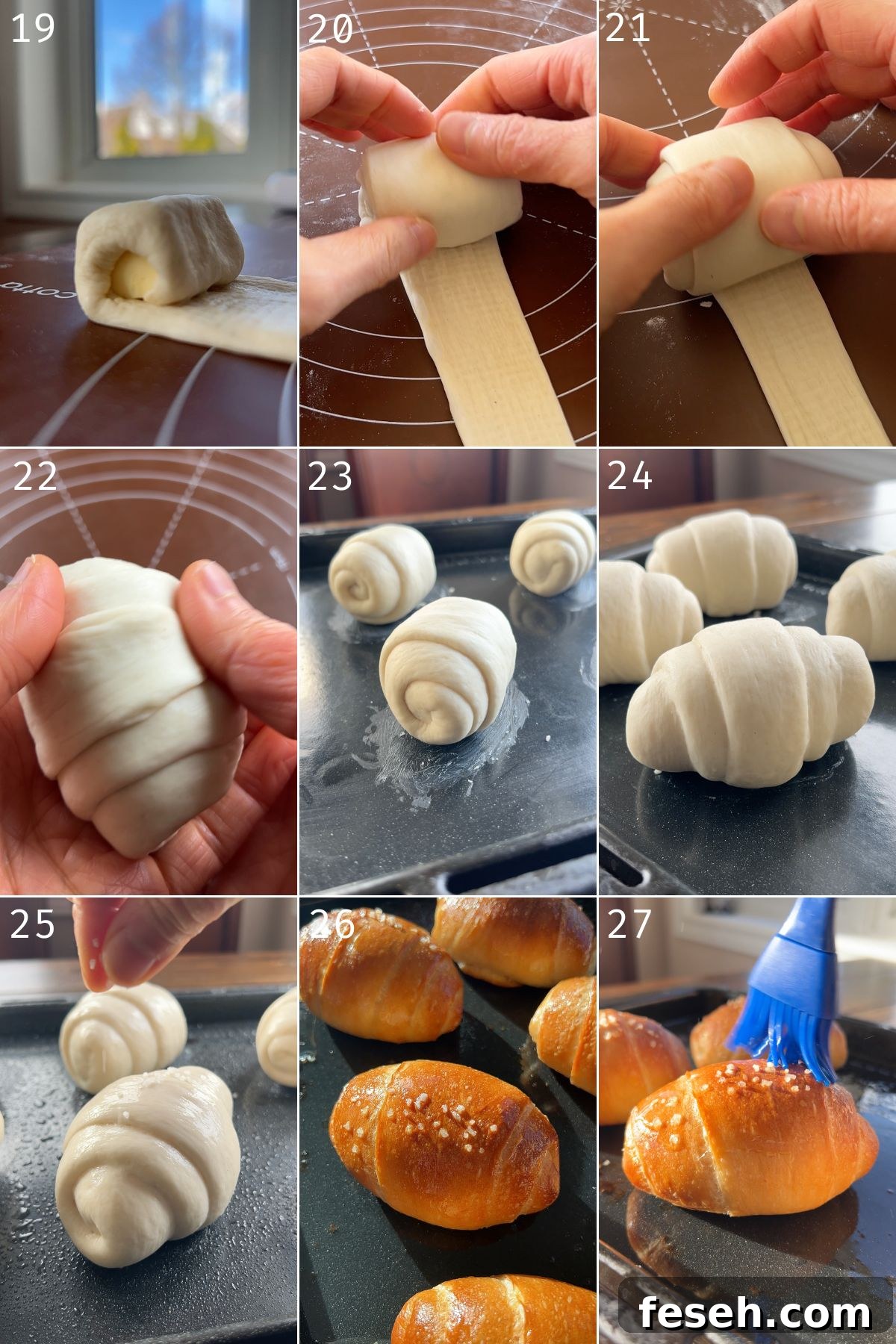 rolling butter block in dough, proofing butter rolls, baked butter rolls and brushing butter on butter rolls