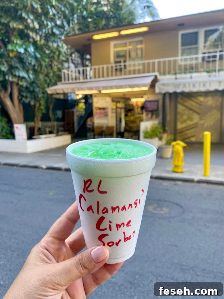 A cup of calamansi lime sorbet from Henryʻs Place on Beach Walk in Waikīkī