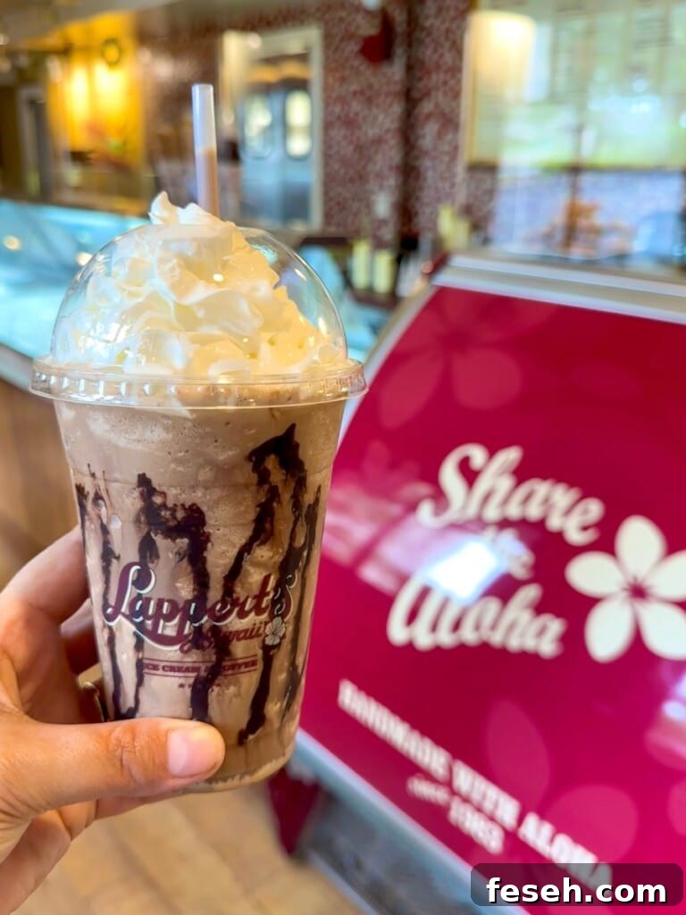 An ice chocolate and coffee frappe-style drink from Lappert's Hawaiʻi, ice cream store at the Hilton Hawaiian Village in Waikīkī
