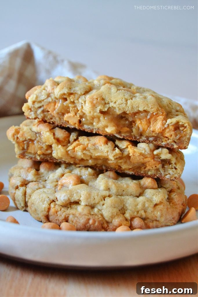 a stack of split open oatmeal scotchie cookies on a white rimmed plate