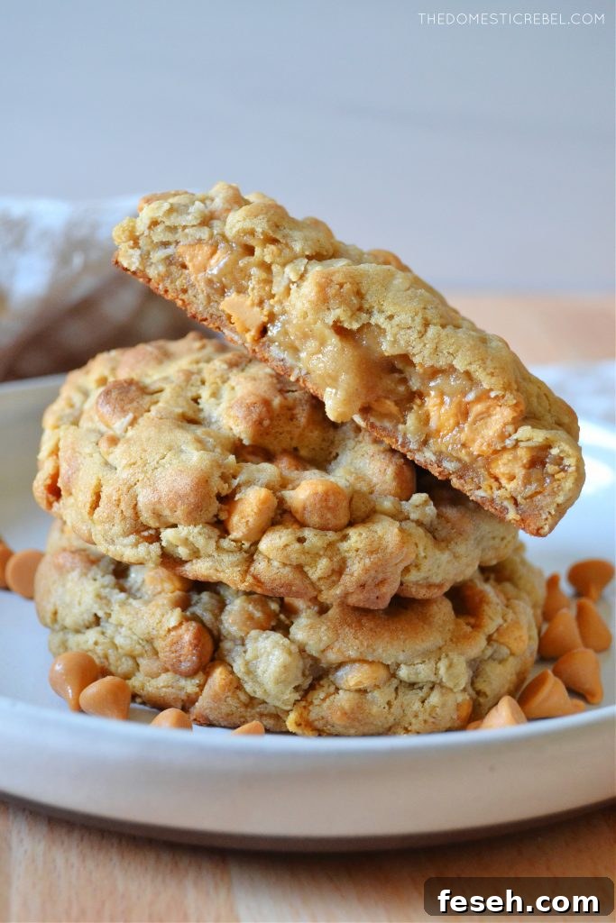 a stack of oatmeal scotchie cookies with one split open