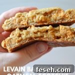author's hand holding a split open oatmeal scotchie cookie