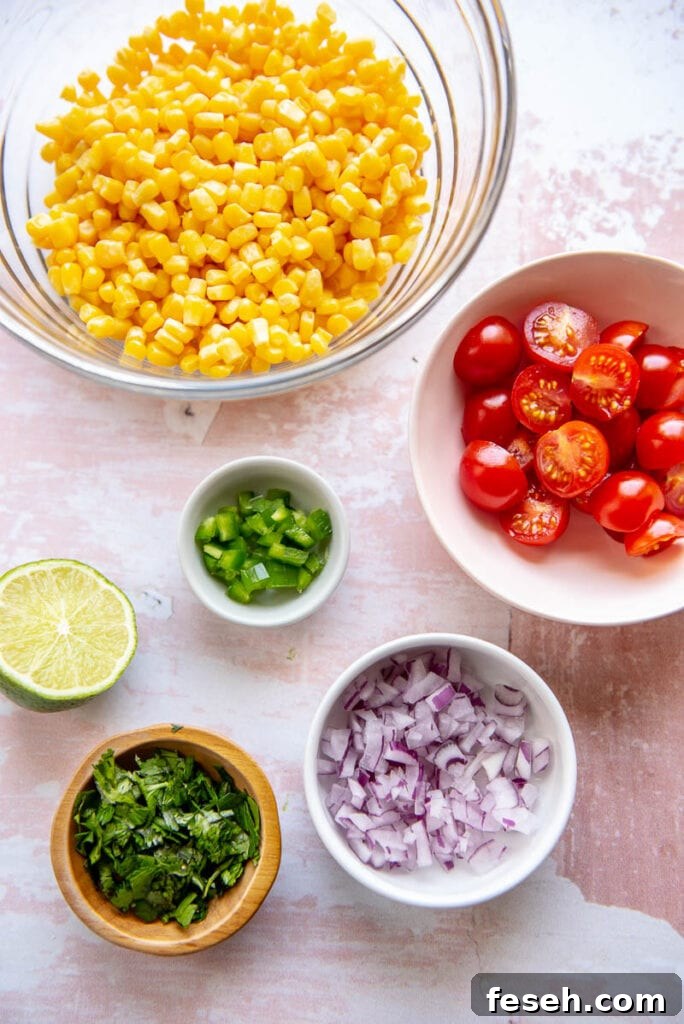 veggies for tomato corn salsa in bowls