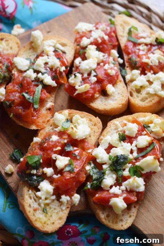 close up of the roasted tomato and feta bruschatta